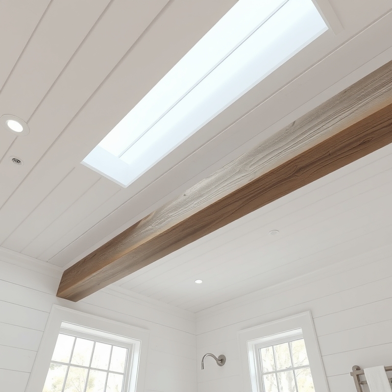 Weathered wood beam across bathroom ceiling with shiplap walls
