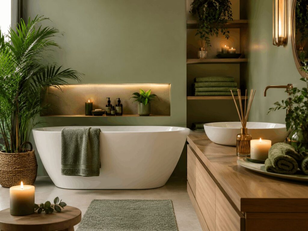 bathroom candle diffuser spa green calm create image 8k