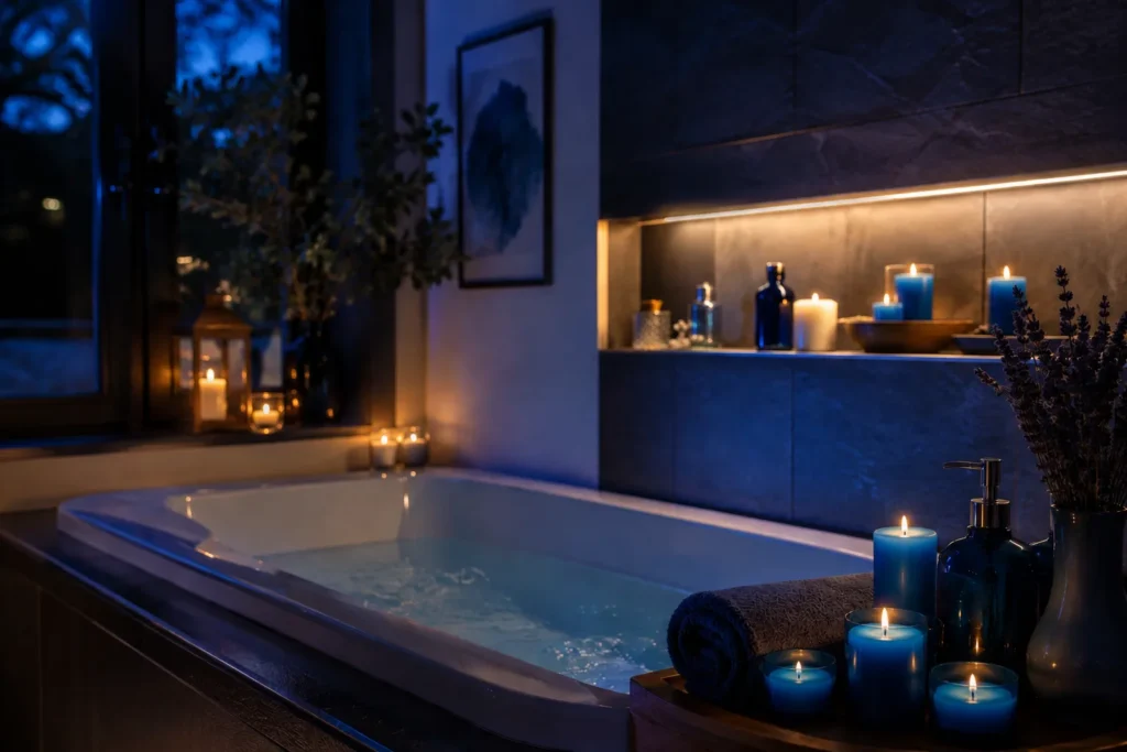 bathroom candles blue spa ambience evening warm glow
