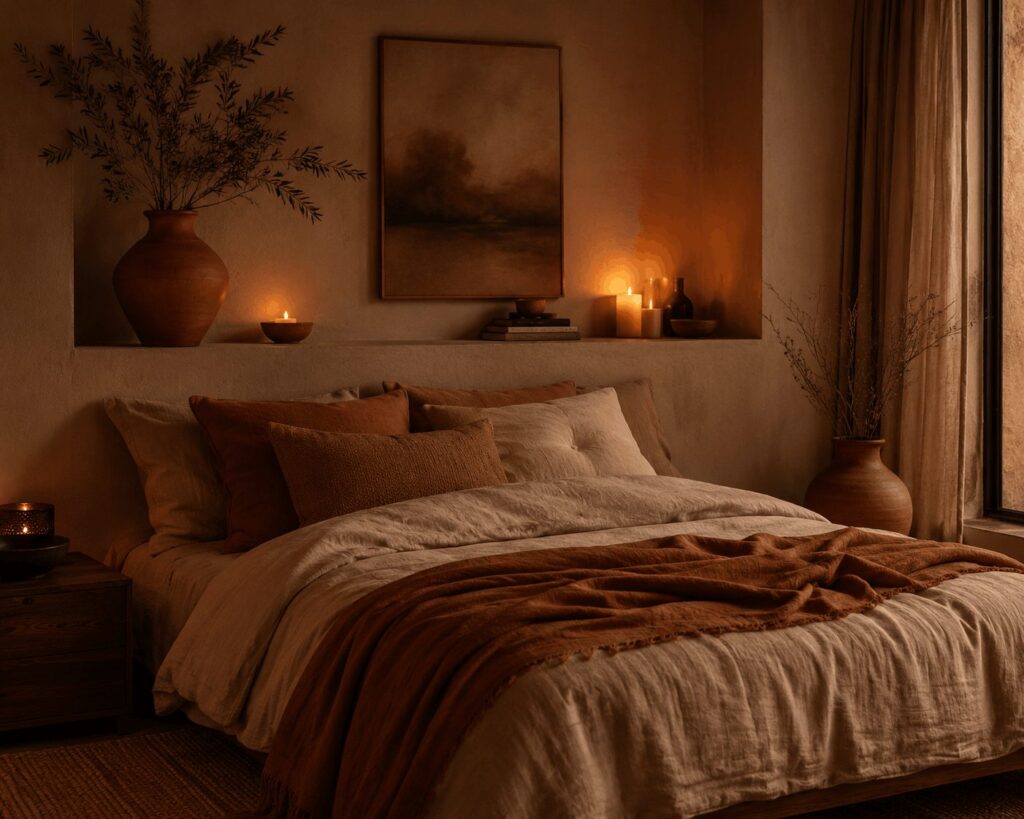 bedroom earthy warm tones candles amber light terracotta vase