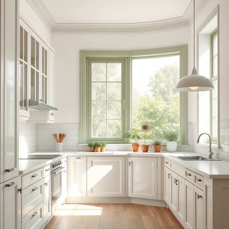 Kitchen window with sage green painted trim and white walls