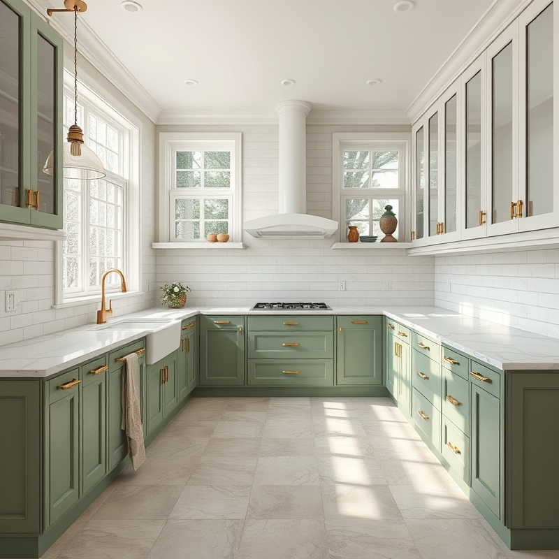 Modern kitchen with sage green cabinets and marble countertops