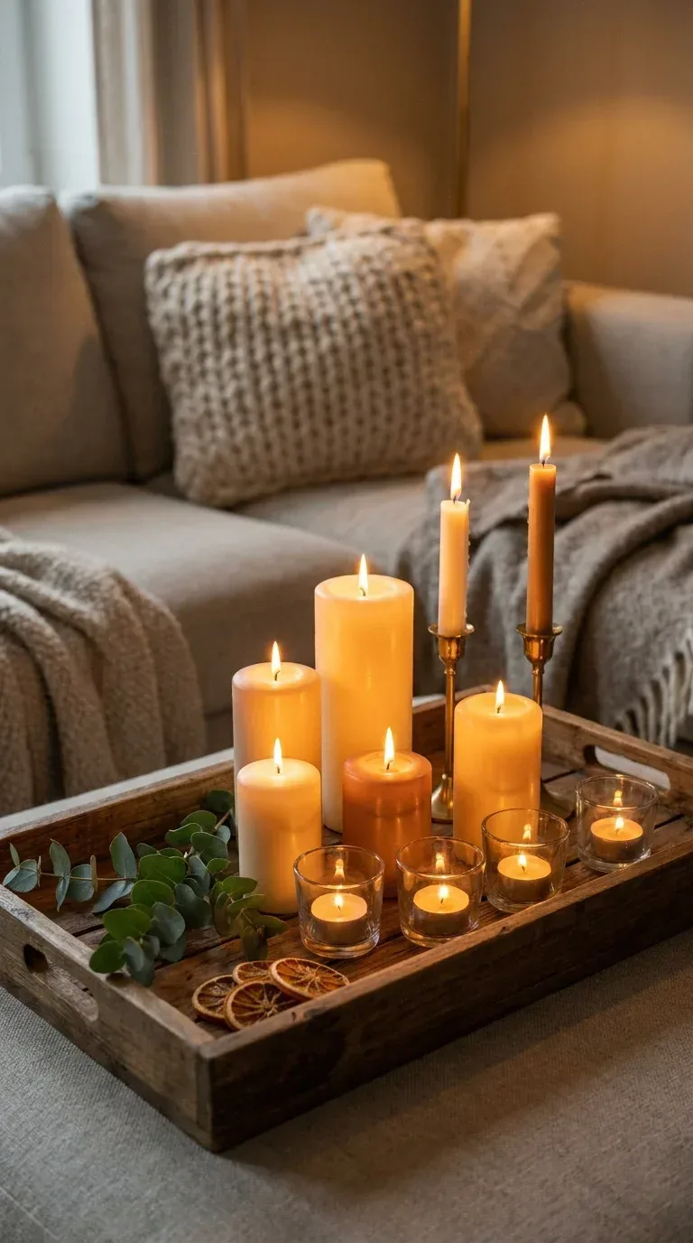 A cozy living room corner in the evening with multiple lit candles in different sizes and holders grouped together on a wooden tray, including pillar candles taper candles and tea lights, warm amber candlelight glow, a sprig of eucalyptus nearby, soft bokeh background of a sofa and cushions, Pinterest aesthetic, photorealistic, 4K