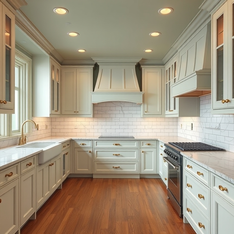 Kitchen with veined white marble countertops and sage green walls