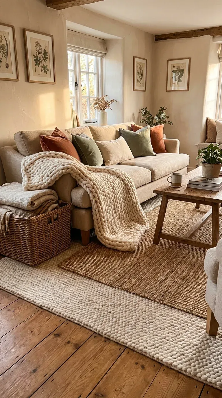 A cozy living room interior styled with layered textiles, chunky knit cream throw blanket draped over a linen sofa, mix of velvet and linen cushions in terracotta sage and cream, a jute rug layered over a plush area rug, warm afternoon light, wicker storage basket, Pinterest aesthetic, photorealistic, warm tones, 4K