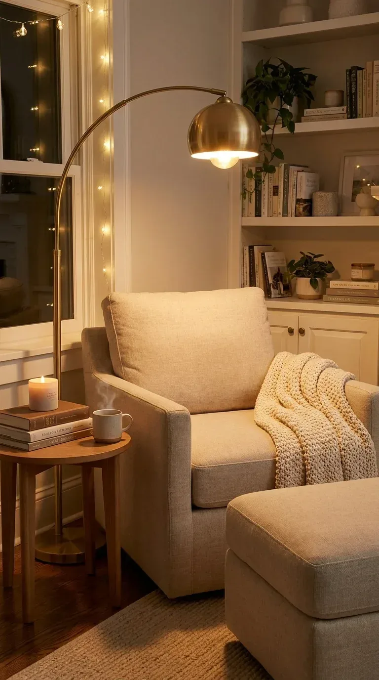 A cozy inviting reading nook in a living room corner with a comfortable linen armchair and matching ottoman, a tall arc floor lamp positioned over the chair, a small side table with a stack of books and a candle, a soft knit throw draped over the arm, warm evening lighting, Pinterest cozy home aesthetic, photorealistic, 4K