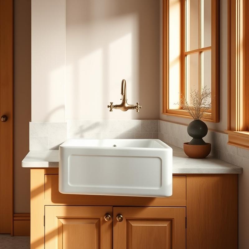 White ceramic apron-front sink with vintage bridge faucet