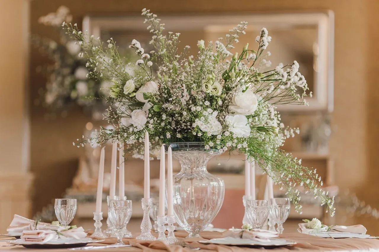 dining table centrepiece candles tray vase flowers elegant styling