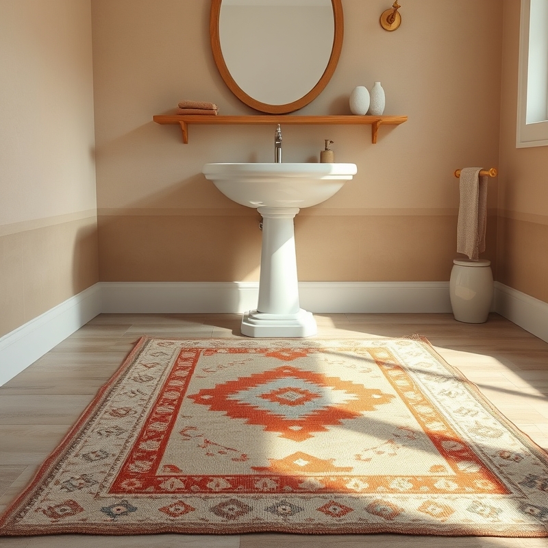 Vintage kilim rug on bathroom floor with rustic furnishings