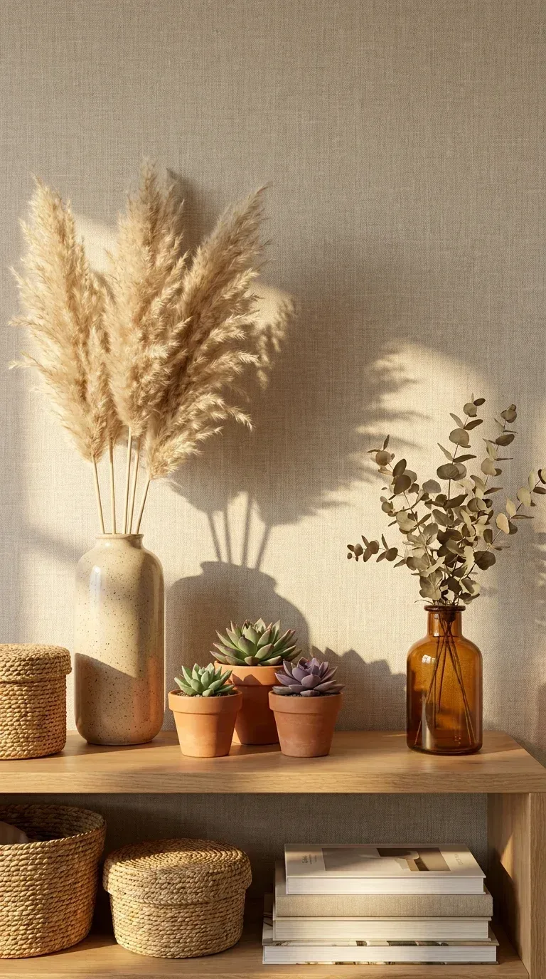 A beautifully styled home decor shelf with dried pampas grass in a tall speckled ceramic vase, dried eucalyptus bundles, small terracotta pots with succulents, amber glass bottle vase, warm afternoon light casting soft shadows, neutral linen background, Pinterest aesthetic, photorealistic, 4K