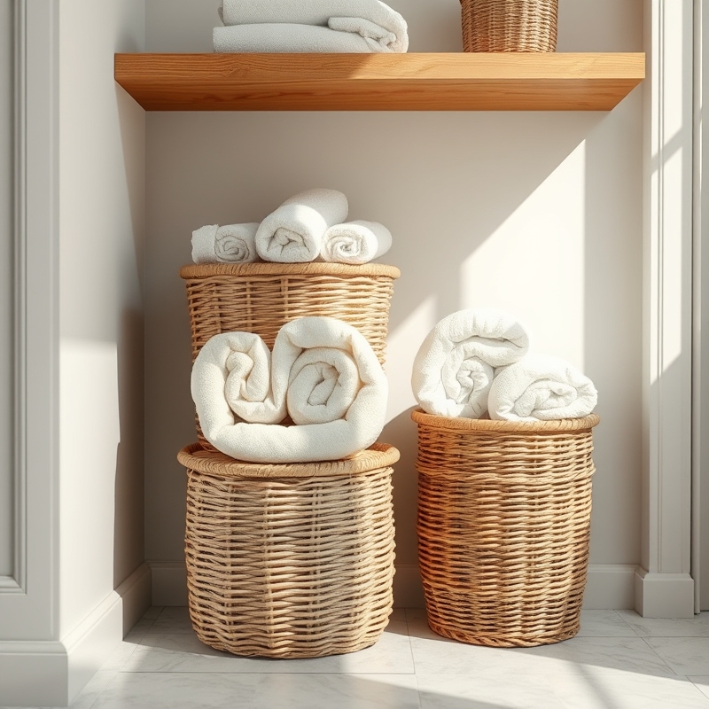 Stacked woven baskets holding rolled towels under bathroom shelving