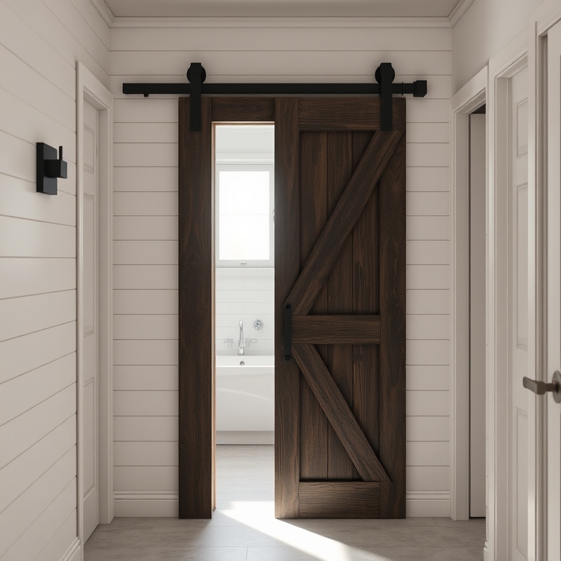 Black sliding barn door with hardware on bathroom entrance