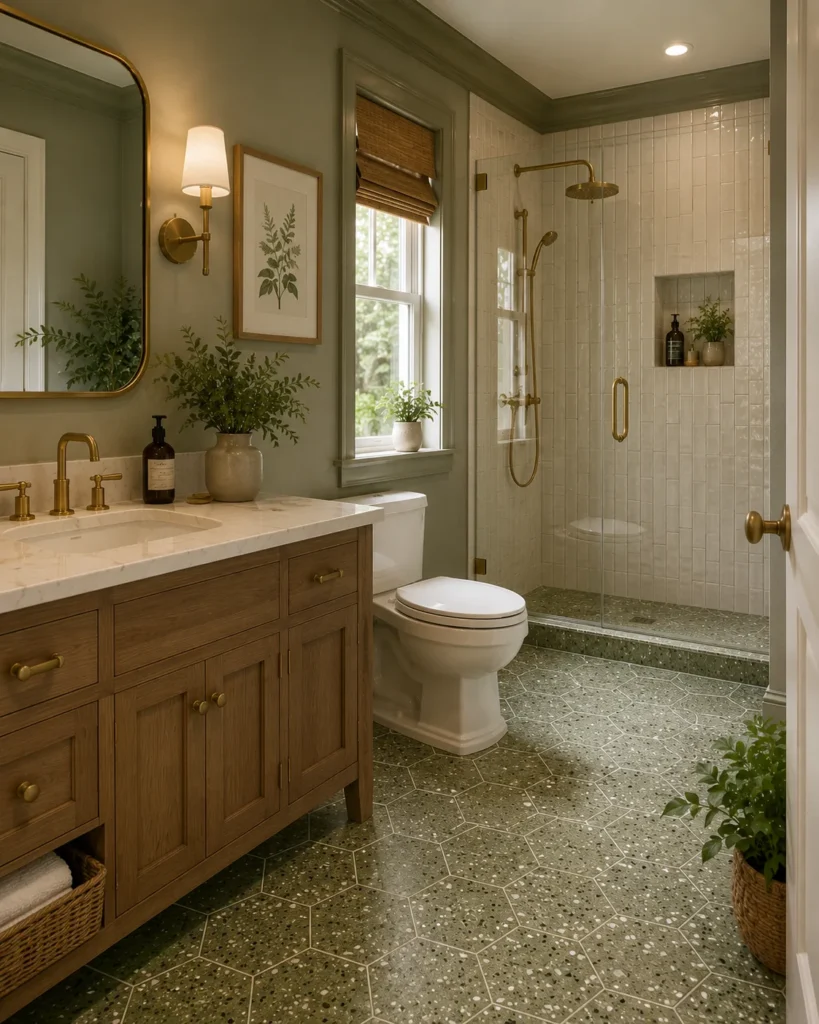 green hexagon terrazzo floor tiles bathroom