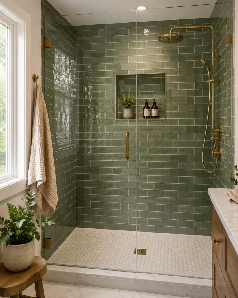 green subway tile bathroom shower