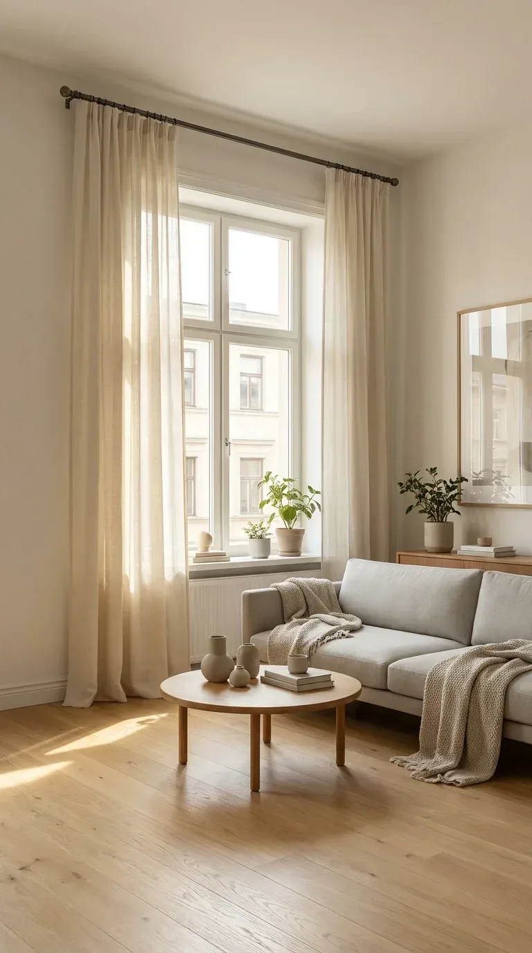 A bright living room with linen curtains hung high above the window frame almost at ceiling height and extending wide beyond the window frame, creating an illusion of taller ceilings and larger windows, natural afternoon light flooding through sheer panels, neutral walls, minimal Scandinavian interior, photorealistic, 4K