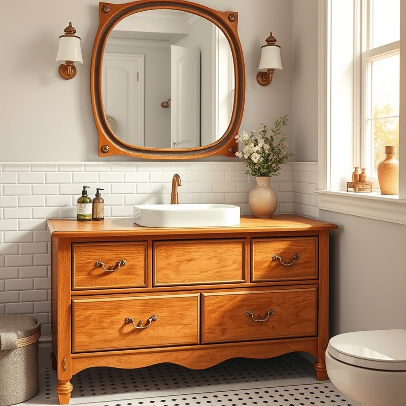 Vintage wood dresser converted to bathroom sink vanity