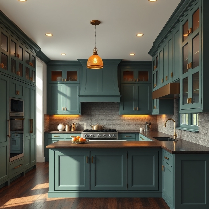 Kitchen with deep sage green cabinetry and warm ambient lighting
