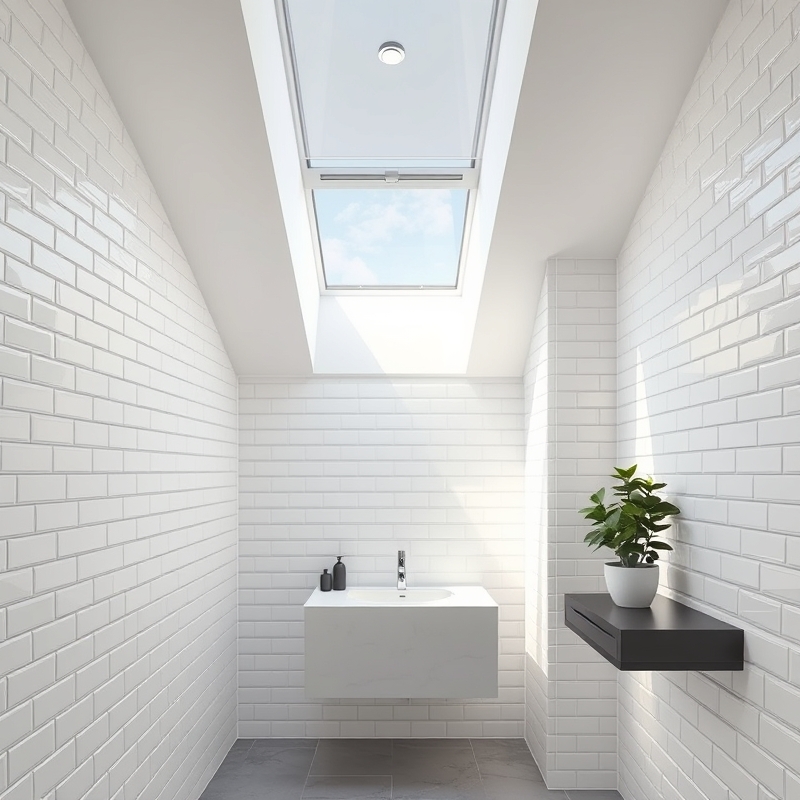 Natural light streaming through skylight in small bathroom
