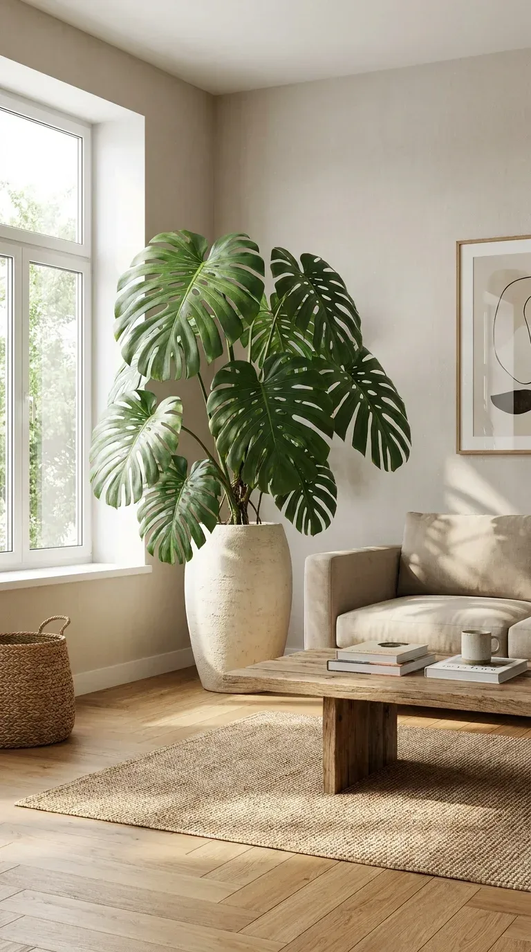 A bright modern living room with a large healthy monstera deliciosa plant in a tall textured ceramic pot placed in a bright corner beside a window, its large split leaves reaching upward, neutral walls warm wood floors, minimal furniture, natural daylight, Pinterest interior decor, photorealistic, 4K