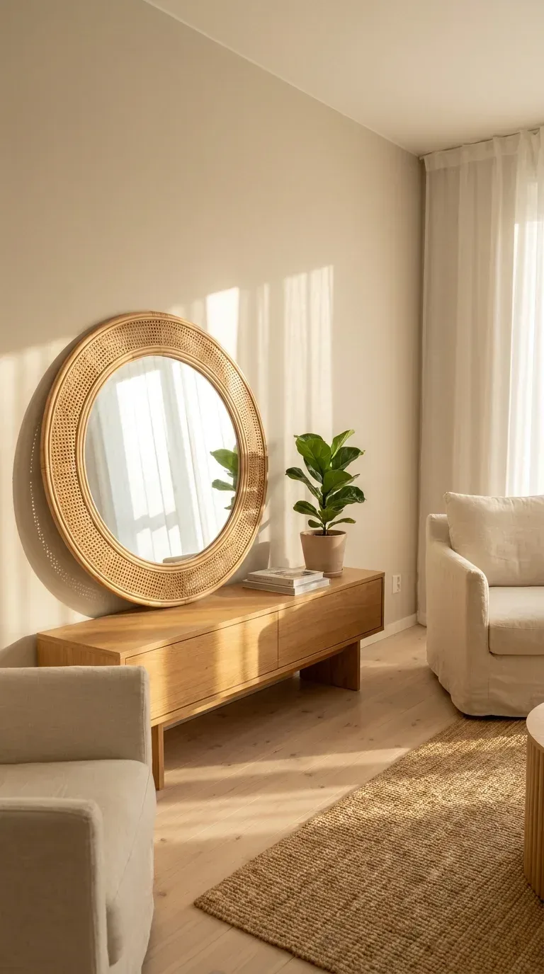 A bright airy living room with a large round rattan-framed mirror leaning against the wall above a console table, reflecting natural window light, neutral beige walls, a small potted plant beside it, minimalist Scandinavian interior, warm afternoon sunlight, photorealistic, 4K