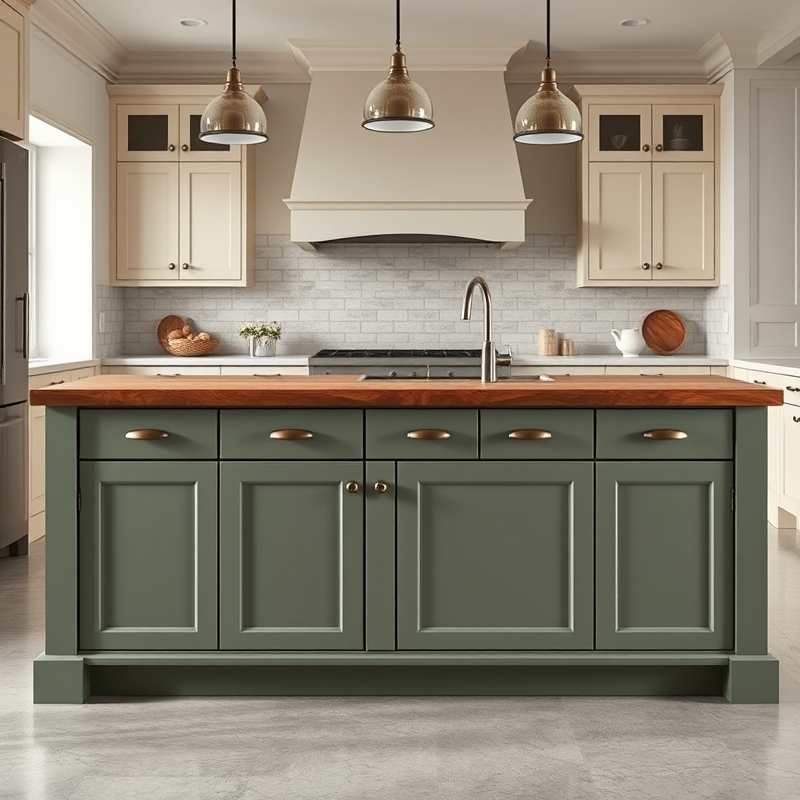 Kitchen island with sage green base and thick butcher block top