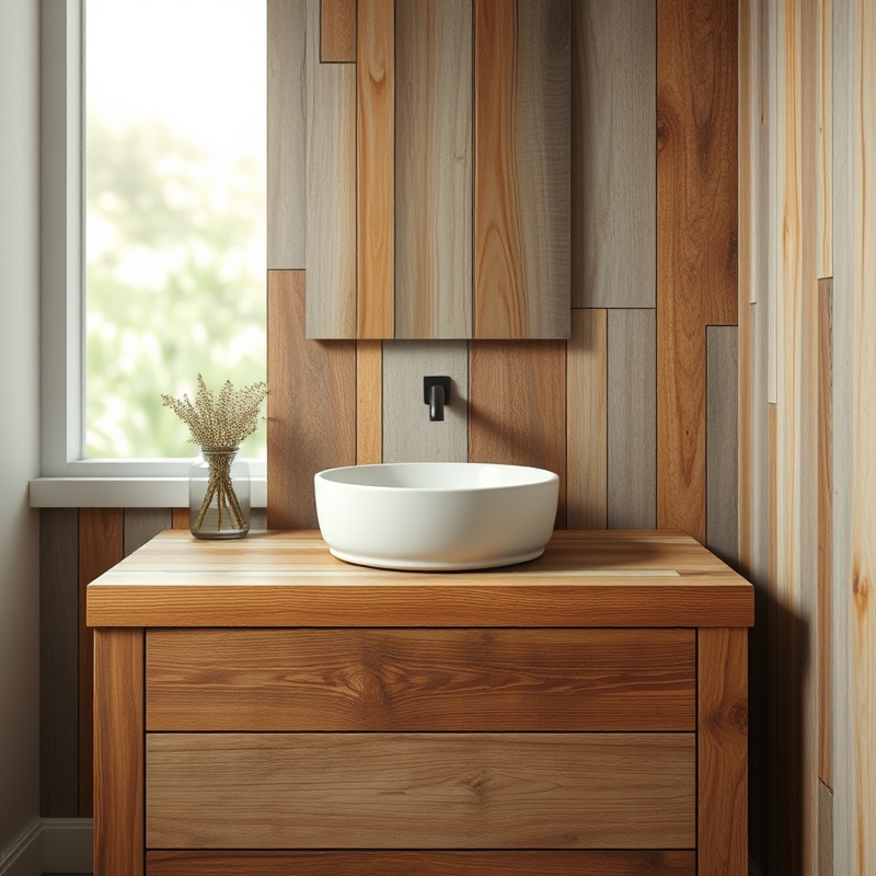 Reclaimed wood vanity with round ceramic vessel sink