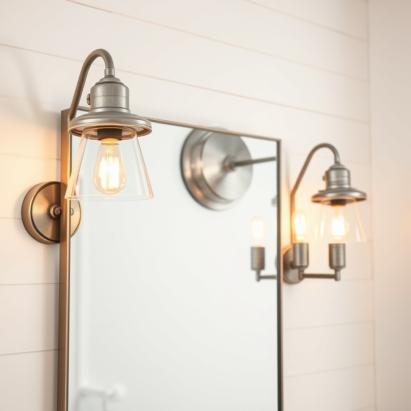 Pair of galvanized metal wall sconces beside bathroom mirror