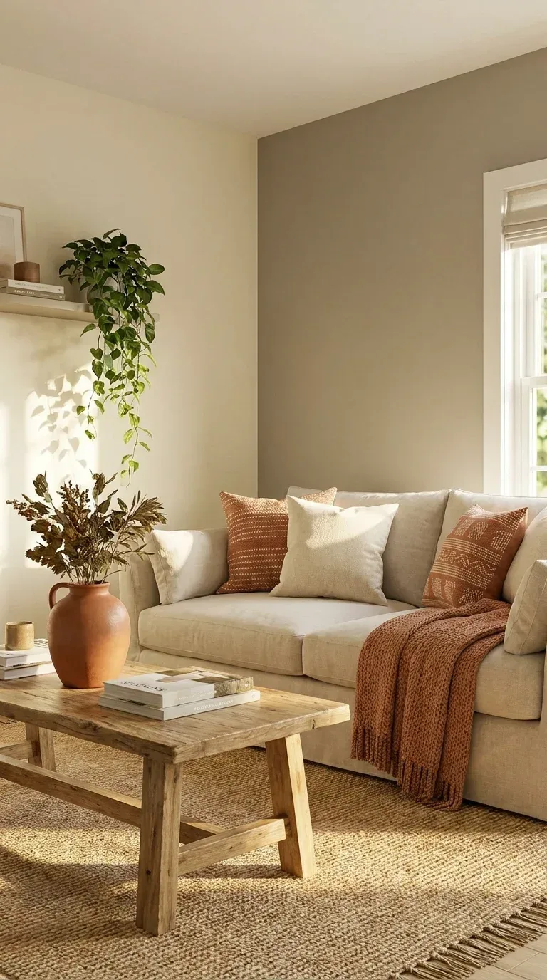 A serene neutral living room with cream and warm greige walls, linen sofa, natural wood coffee table, with pops of terracotta in a ceramic vase a woven pillow and a small throw blanket, green trailing plant in the background, golden afternoon light, Pinterest home decor aesthetic, photorealistic, 4K