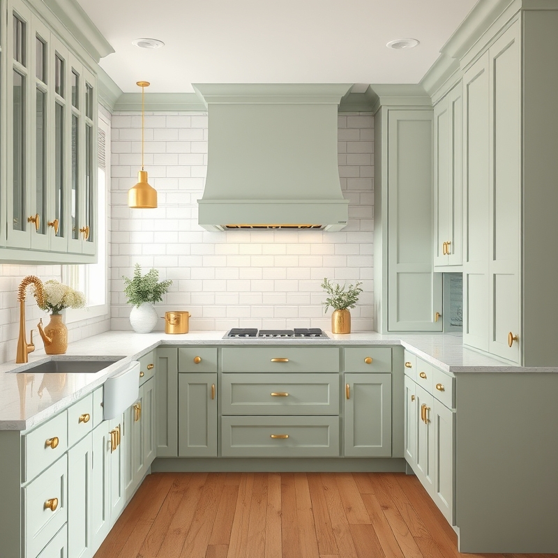 Kitchen with soft sage green cabinets and polished brass pulls