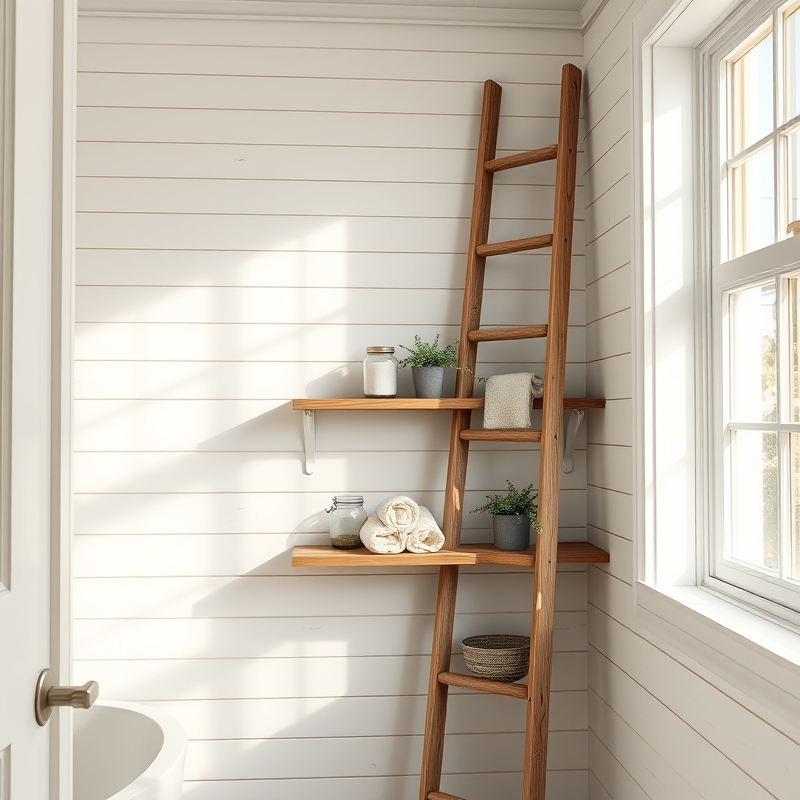 Wooden ladder shelf holding rolled towels and bathroom accessories