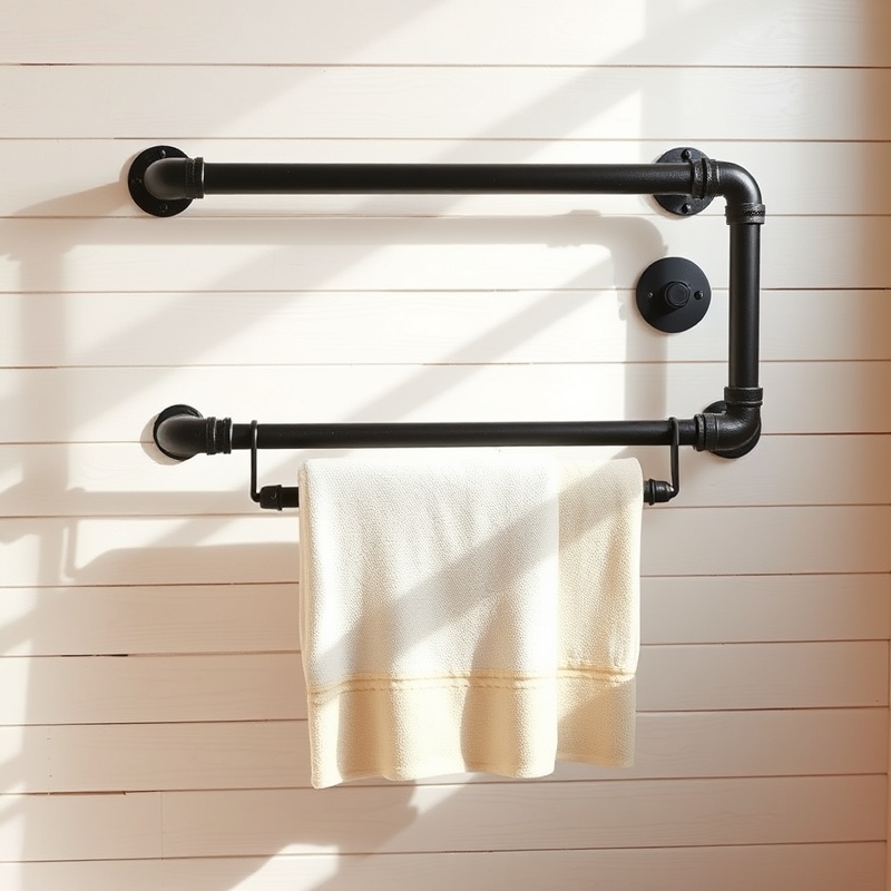 Industrial black iron pipe towel rack holding rolled towels