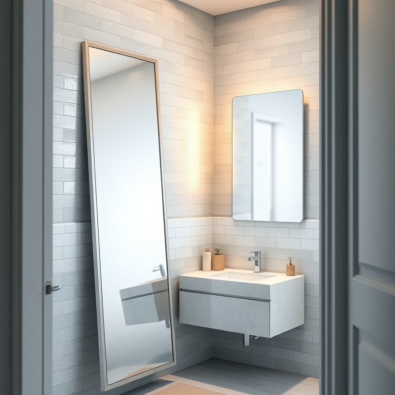 Large frameless mirror propped against bathroom wall