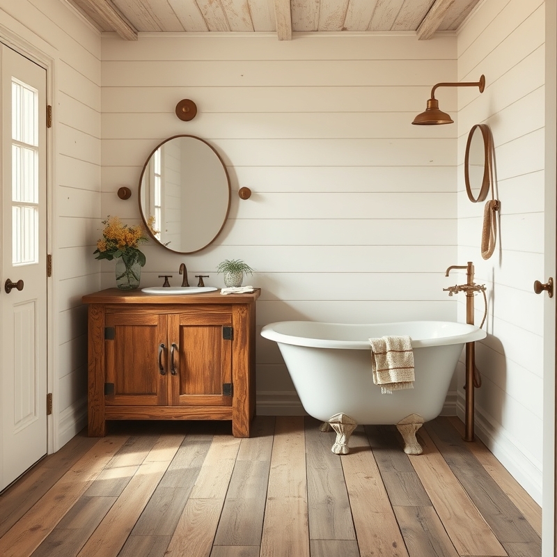 Rustic farmhouse bathroom with wood accents and vintage fixtures