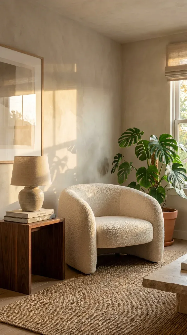 A stylish living room corner with a single statement cream boucle armchair with rounded arms, a small wooden side table with a ceramic lamp, a large leafy monstera plant beside it, warm afternoon light, neutral walls, modern organic interior design, photorealistic Pinterest aesthetic, 4K