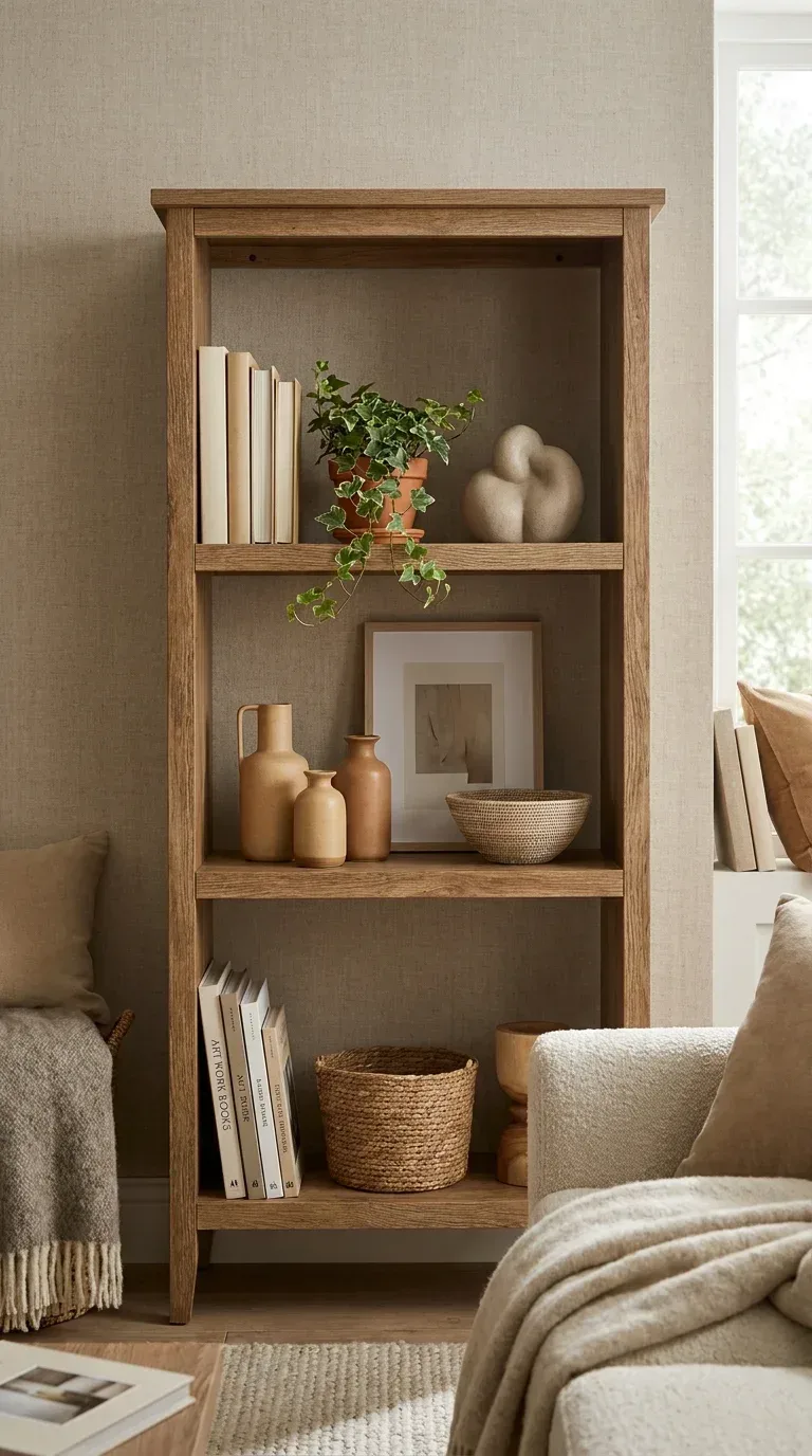 A beautifully styled open wooden bookshelf with the rule of three styling, groups of three objects including books stacked horizontally a small trailing plant a ceramic sculpture, warm neutral tones, linen backdrop, cozy living room interior, editorial home decor photography, photorealistic, 4K