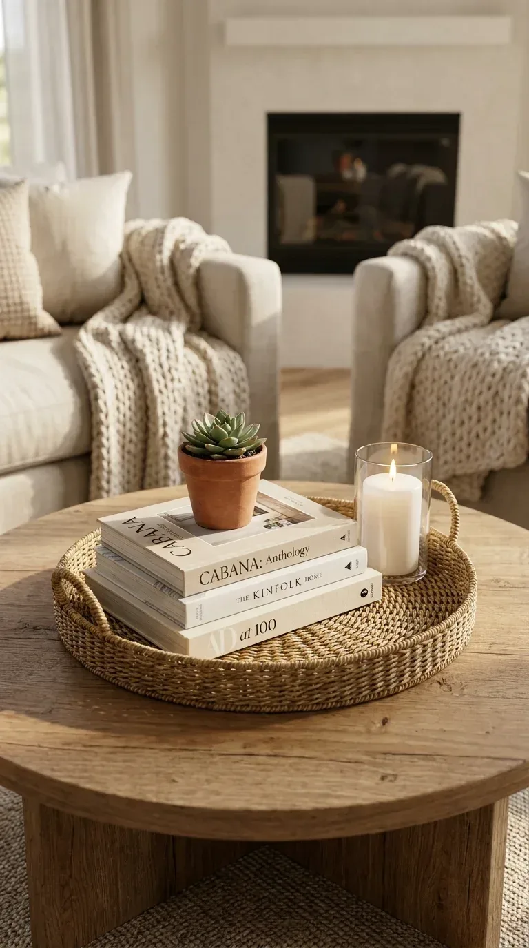 A beautifully styled round wooden coffee table with a curated vignette, a stack of coffee table books with a small succulent on top, a white pillar candle in a glass holder, a small woven tray corralling the objects, cozy living room background with soft bokeh, Pinterest home styling, photorealistic, 4K