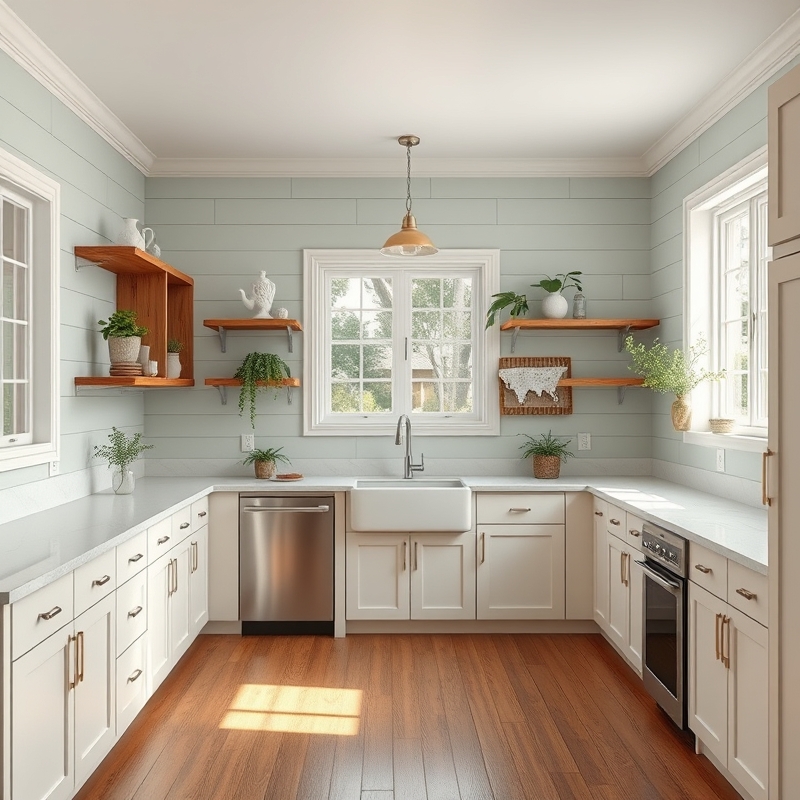 Farmhouse kitchen with sage green shiplap accent wall