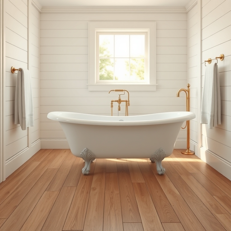 White clawfoot tub in rustic bathroom with wood floors