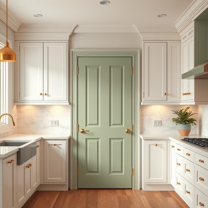Kitchen with sage green painted pantry door and white shaker style