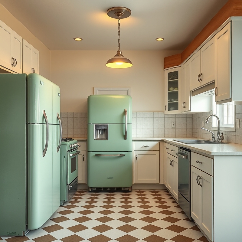 Retro kitchen with matte sage green refrigerator, stove, and dishwasher