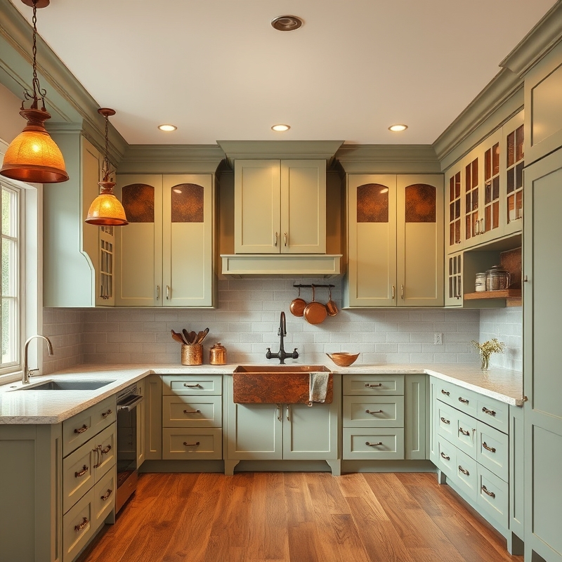 Kitchen with sage cabinets and antique copper fixtures and cookware