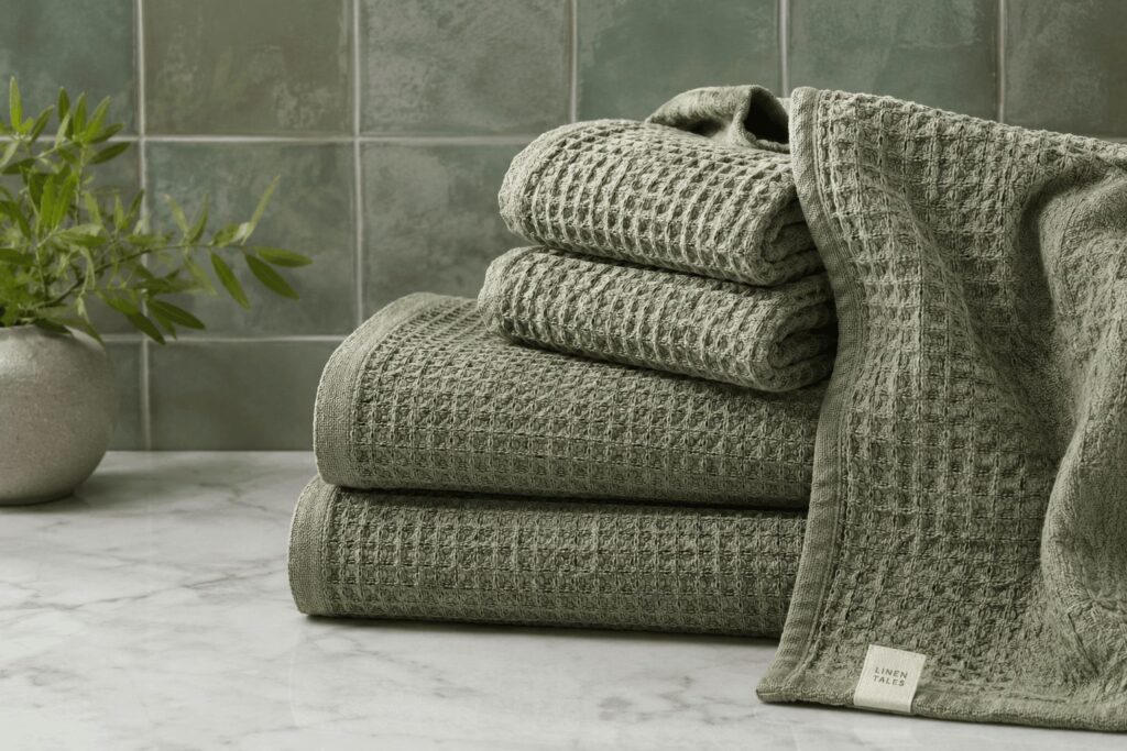 waffle weave linen towels bathroom green texture