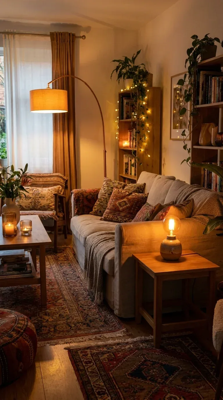 A cozy living room in the evening with layered warm ambient lighting, a tall arched floor lamp glowing amber in the corner, a small ceramic table lamp on a side table, warm Edison bulb tones, linen sofa with cushions, soft shadows, no overhead lighting, Pinterest aesthetic, interior photography, photorealistic, 4K