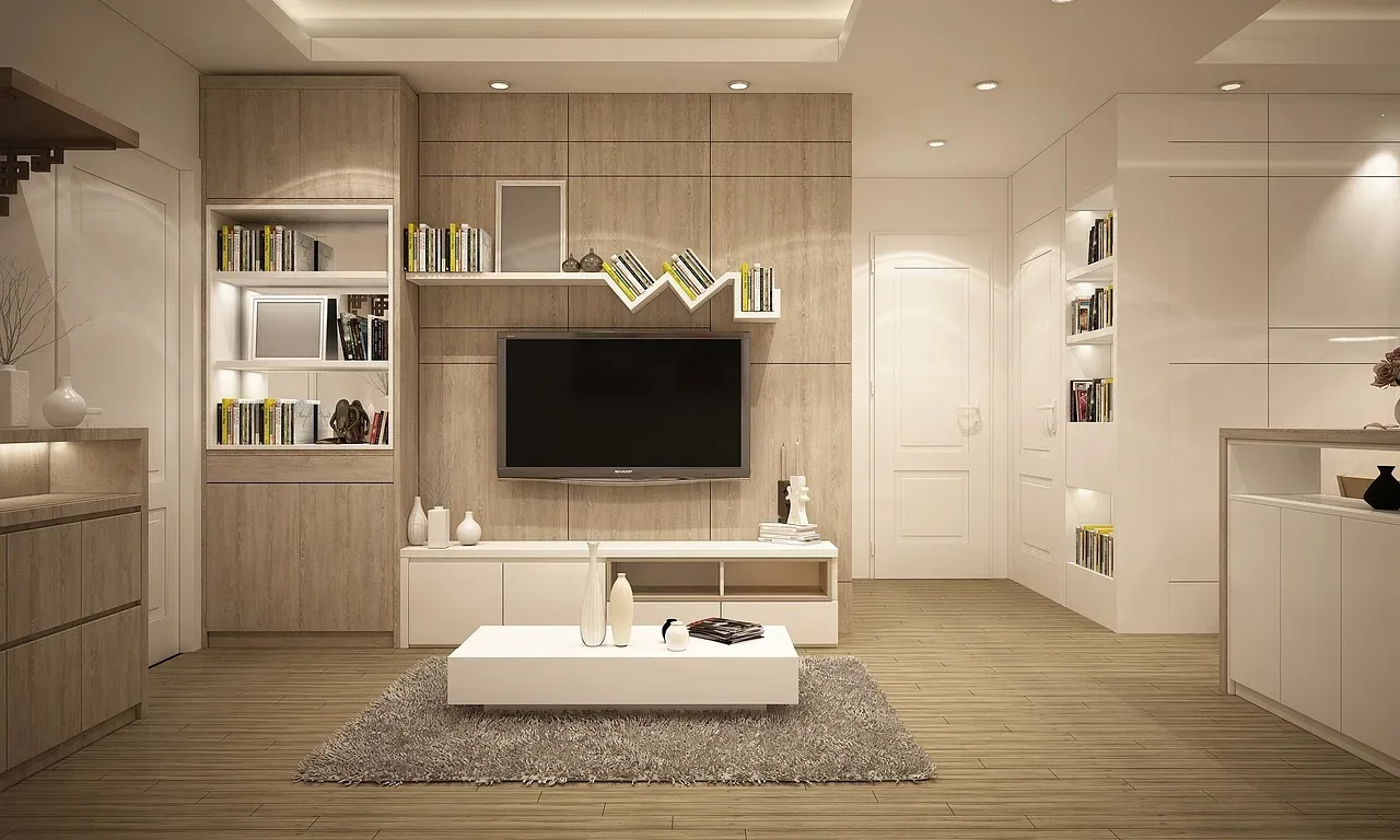 wood panel shiplap accent wall TV living room warm