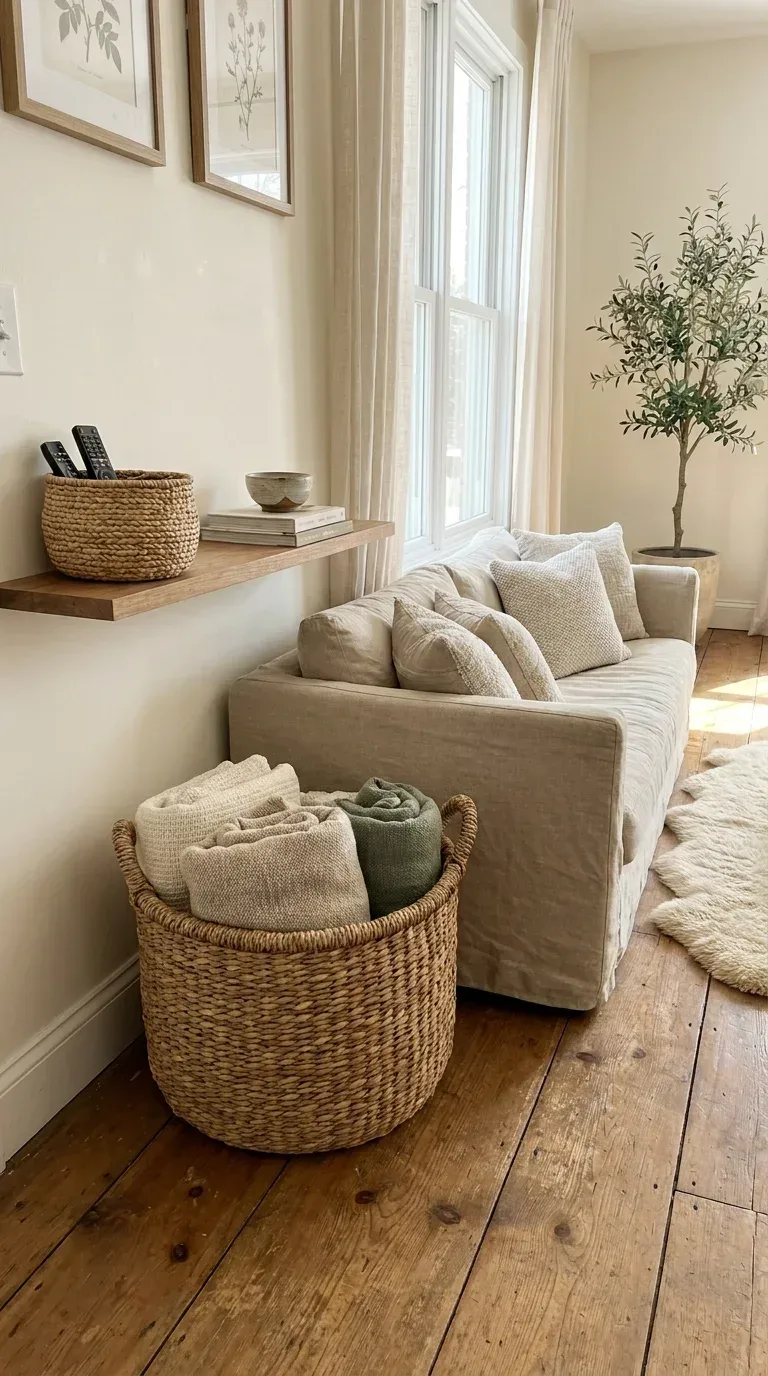 A cozy living room corner with a large natural woven seagrass basket tucked beside a linen sofa holding neatly folded throw blankets, a smaller basket on the shelf holding remote controls and small items, warm wood floors, natural light, minimalist organic interior, Pinterest home decor, photorealistic, 4K