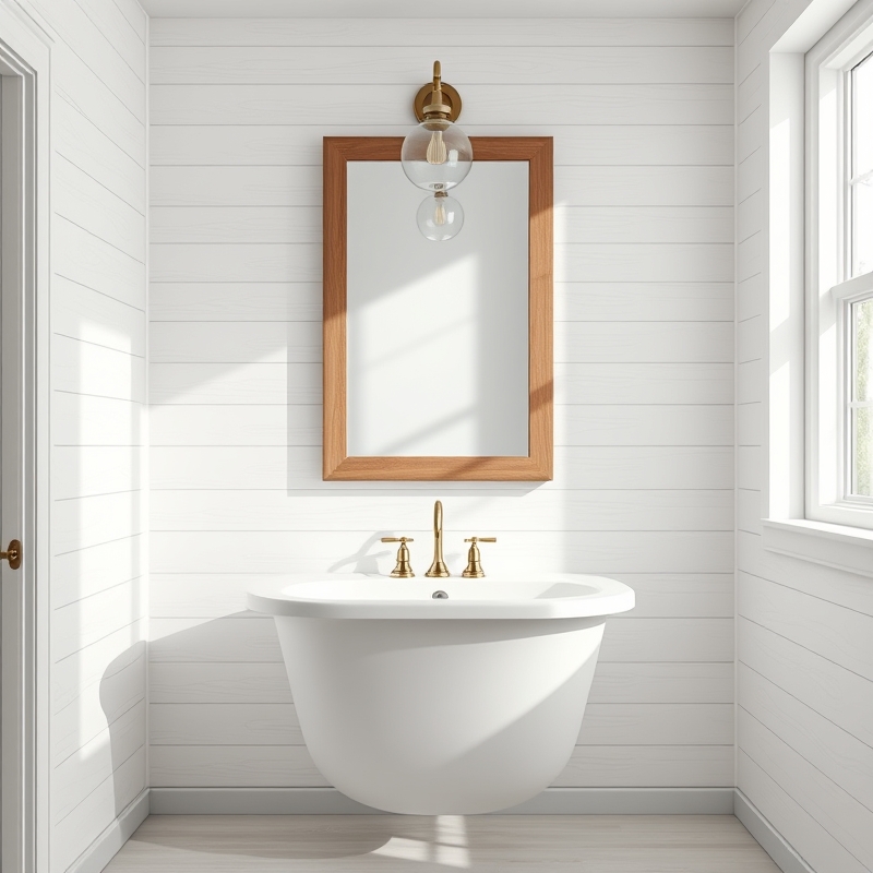 White shiplap wall in bathroom with vintage mirror and sconce