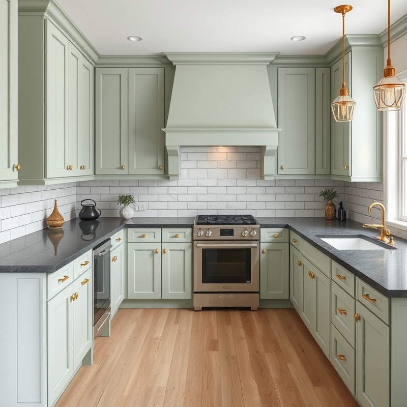 Kitchen with pale sage cabinets and dark soapstone countertop