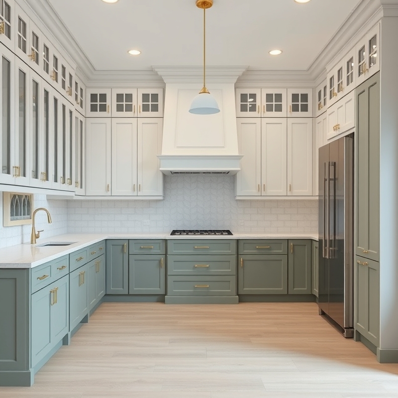 Kitchen with sage green lower cabinets and white upper cabinets