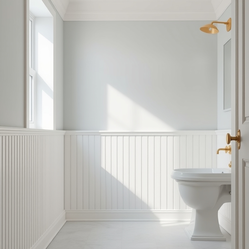 White beadboard wainscoting on lower bathroom wall with painted upper wall