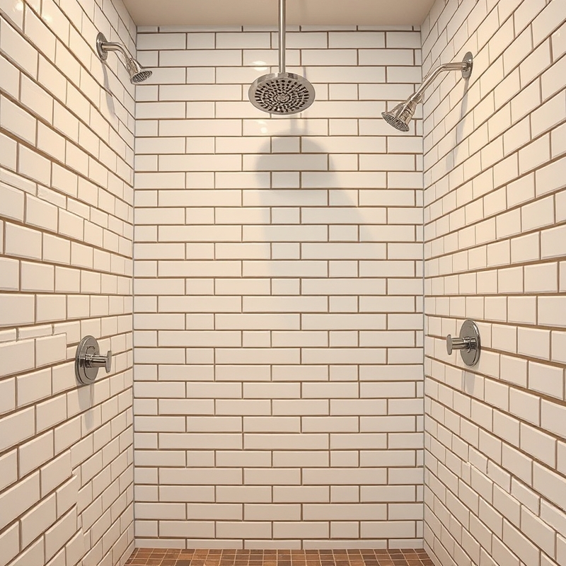 White subway tile shower wall with charcoal grout lines